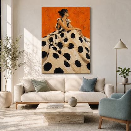 Orange Polka Dot Woman Fashion Portrait for Maximalist Wall Decor