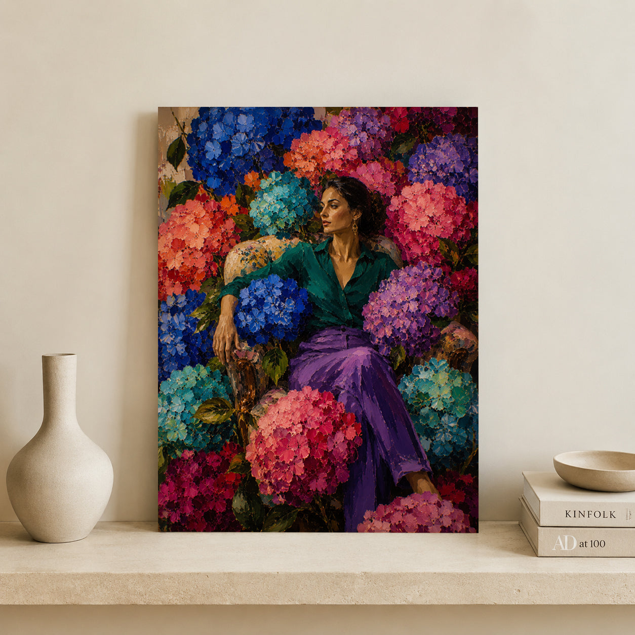 Woman Among Hydrangeas Colorful Floral Canvas Art