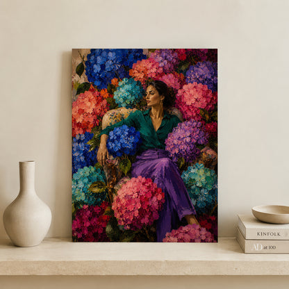 Woman Among Hydrangeas Colorful Floral Canvas Art