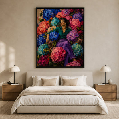 Woman Among Hydrangeas Colorful Floral Canvas Art