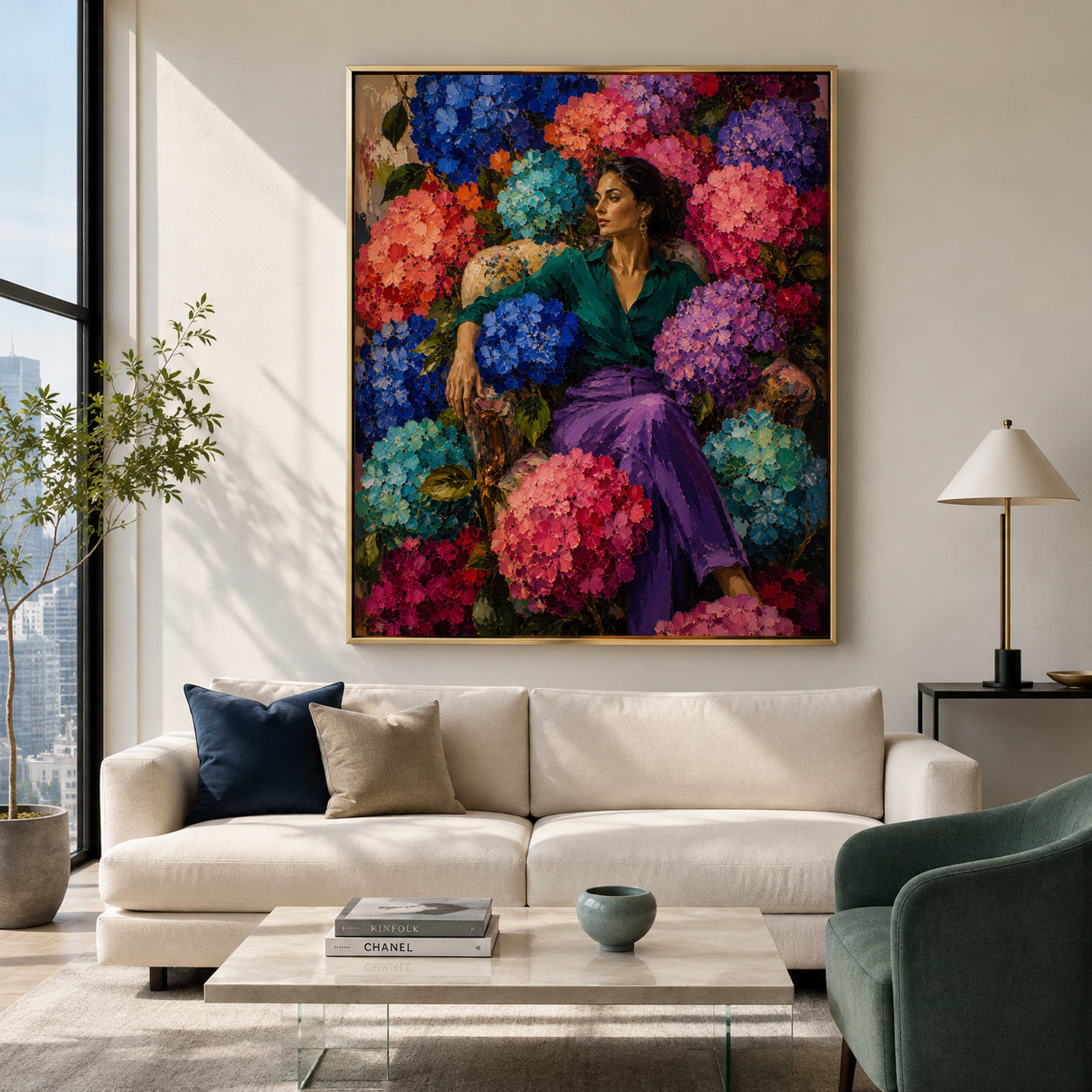 Woman Among Hydrangeas Colorful Floral Canvas Art