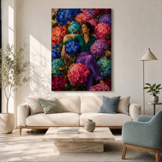 Woman Among Hydrangeas Colorful Floral Canvas Art