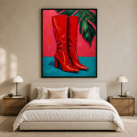 Red Boots Pop Art Canvas Painting for Bold Colorful Interiors
