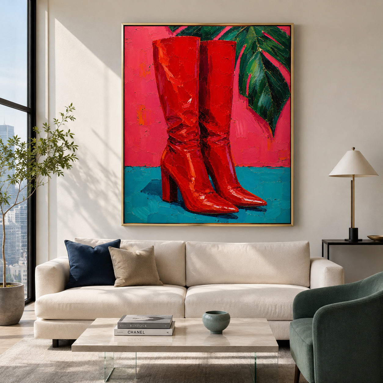 Red Boots Pop Art Canvas Painting for Bold Colorful Interiors