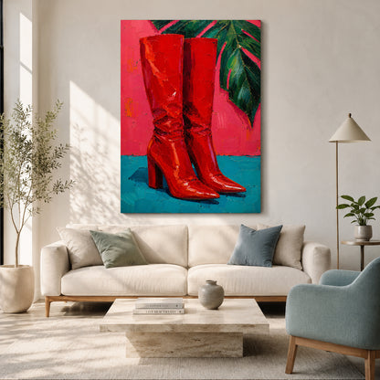 Red Boots Pop Art Canvas Painting for Bold Colorful Interiors