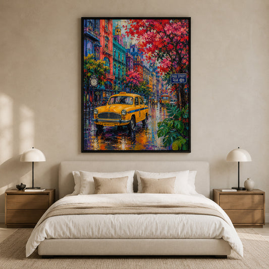 A large framed canvas print of a colorful city street scene with a yellow taxi and red flowering trees, displayed above a neatly made bed in a modern beige bedroom with two bedside lamps.