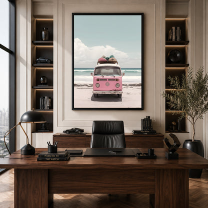 Pink Volkswagen Camper Van Canvas Painting