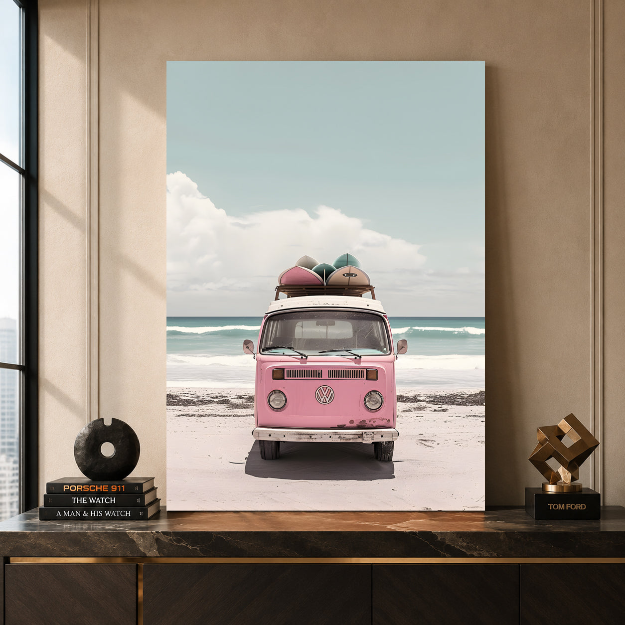 Pink Volkswagen Camper Van Canvas Painting