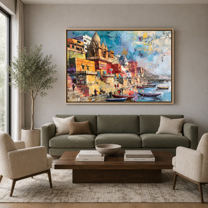 Banaras Ghats Decorative Wall Canvas Painting for Modern Homes