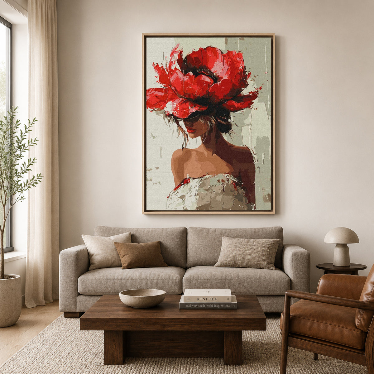 Boho Canvas Painting Floral Woman Wall Art for Modern Home Decor