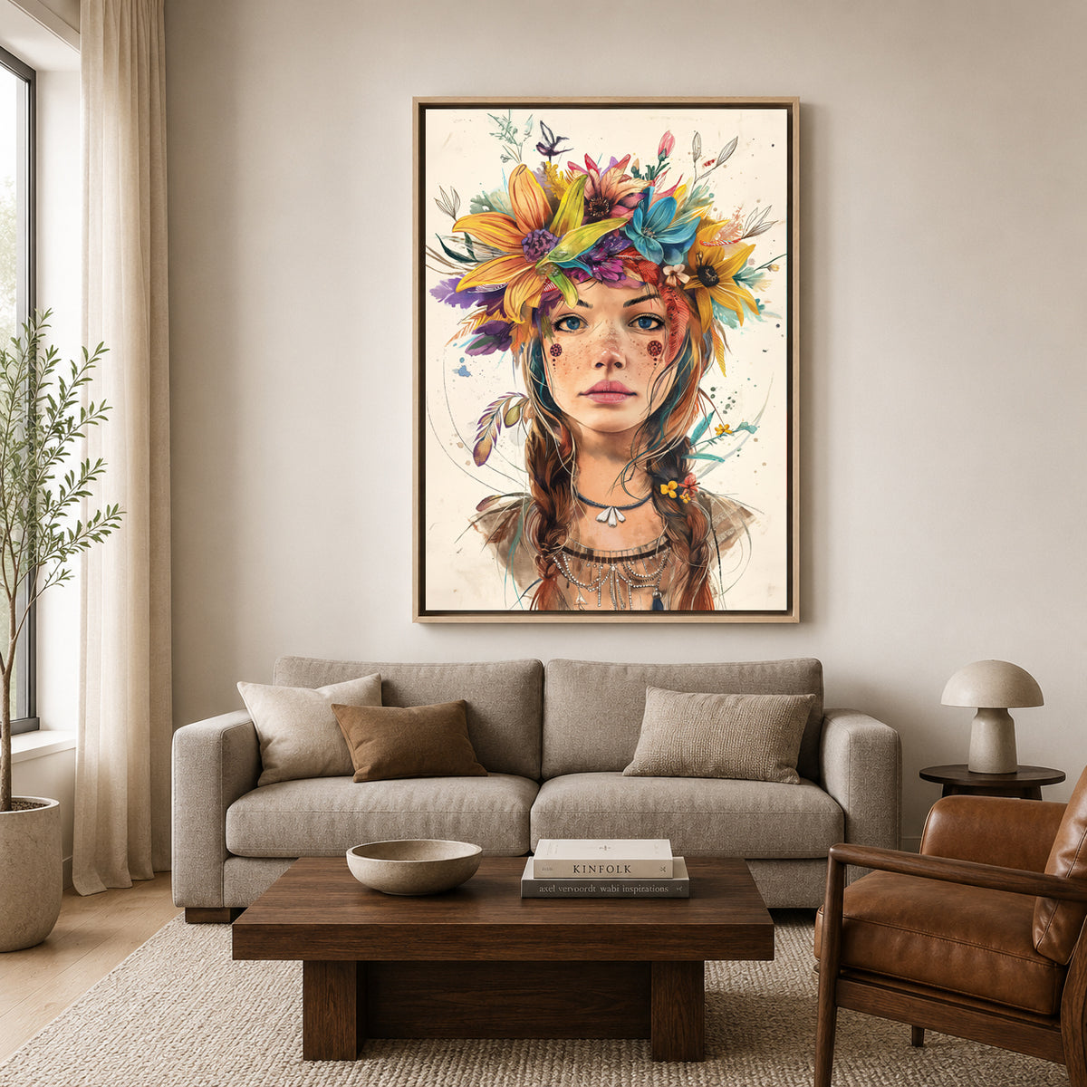 Boho Wall Art Painting Floral Portrait Canvas Wall Decor Artwork
