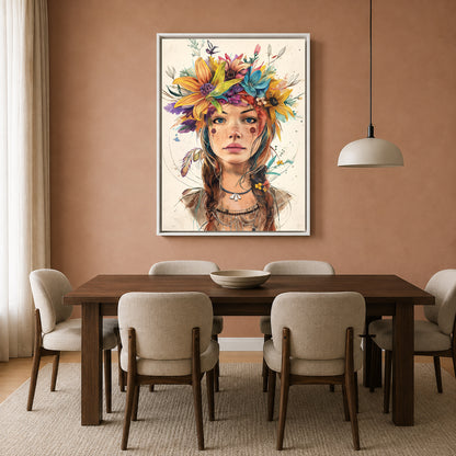 Boho Wall Art Painting Floral Portrait Canvas Wall Decor Artwork