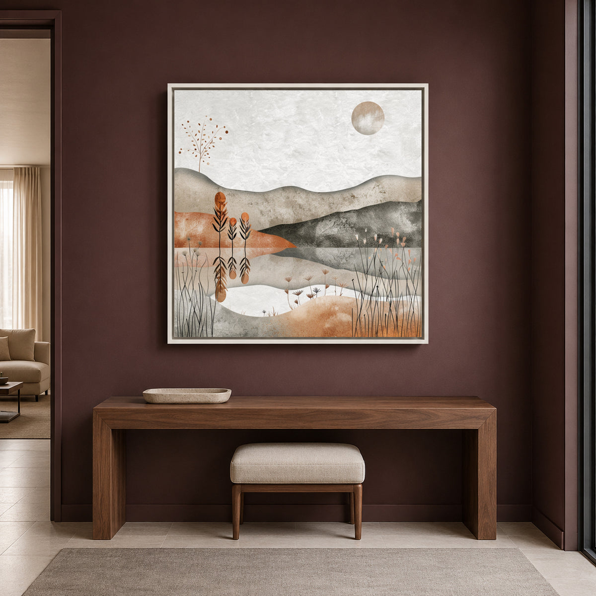 Boho Wall Art Painting Neutral Lake Canvas for Home Wall Decor