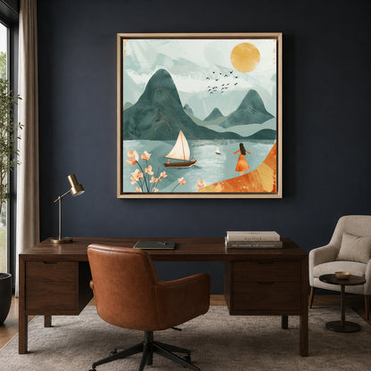 Boho Wall Art Painting Mountain Lake Canvas for Home Wall Decor