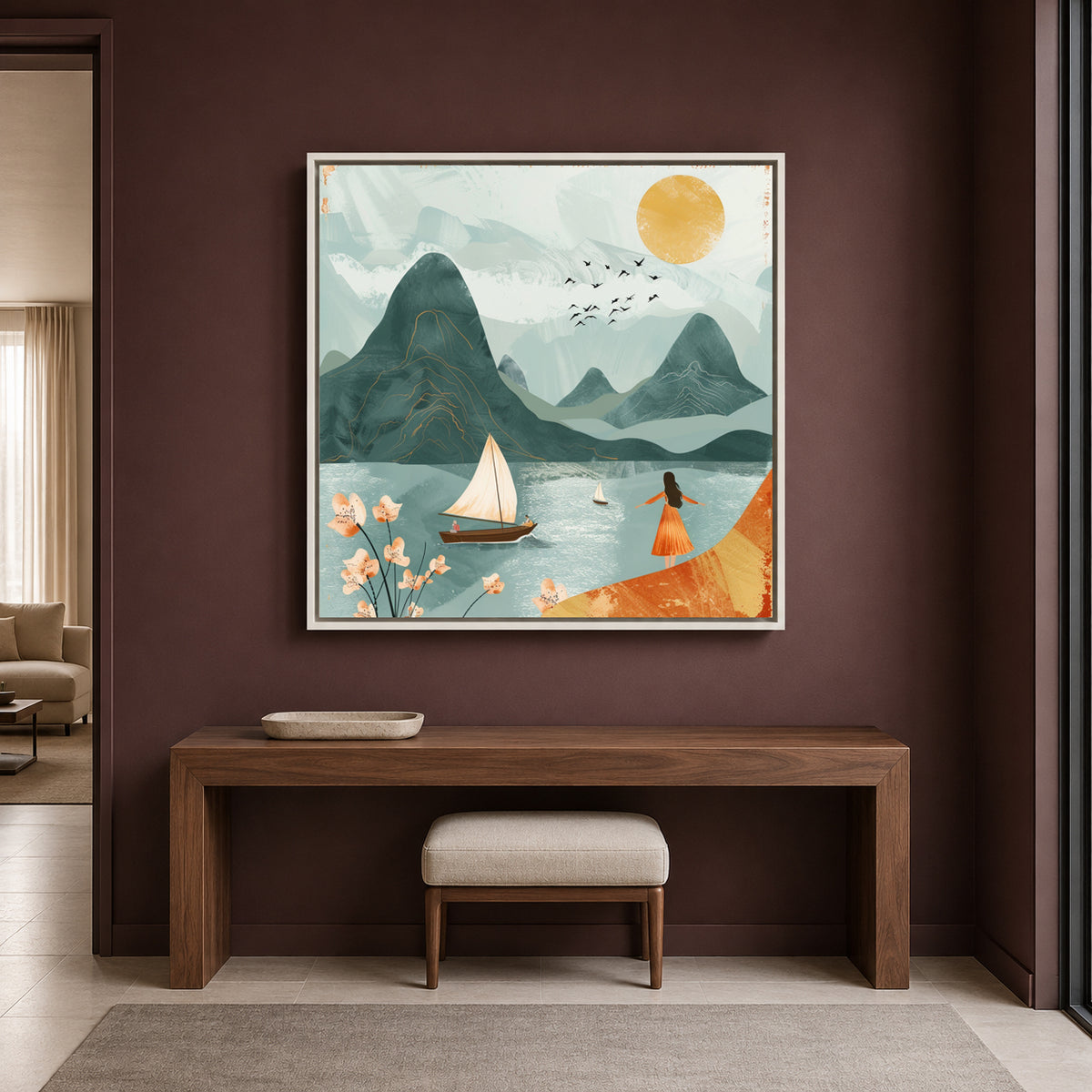 Boho Wall Art Painting Mountain Lake Canvas for Home Wall Decor