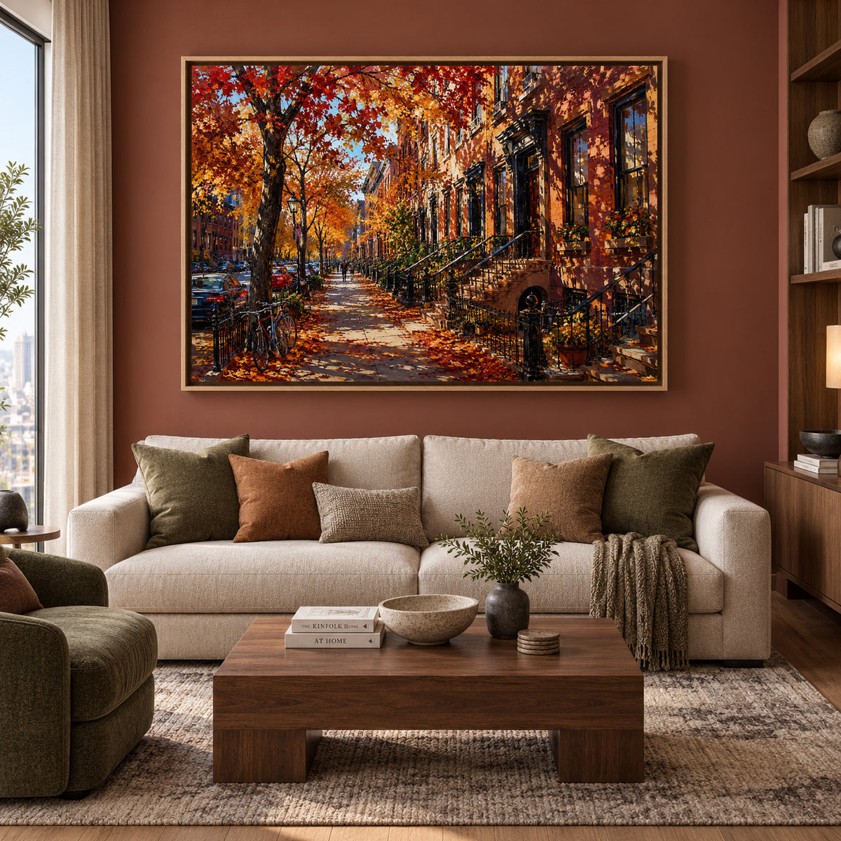 Autumn Brownstone Street Cityscape Canvas Wall Art