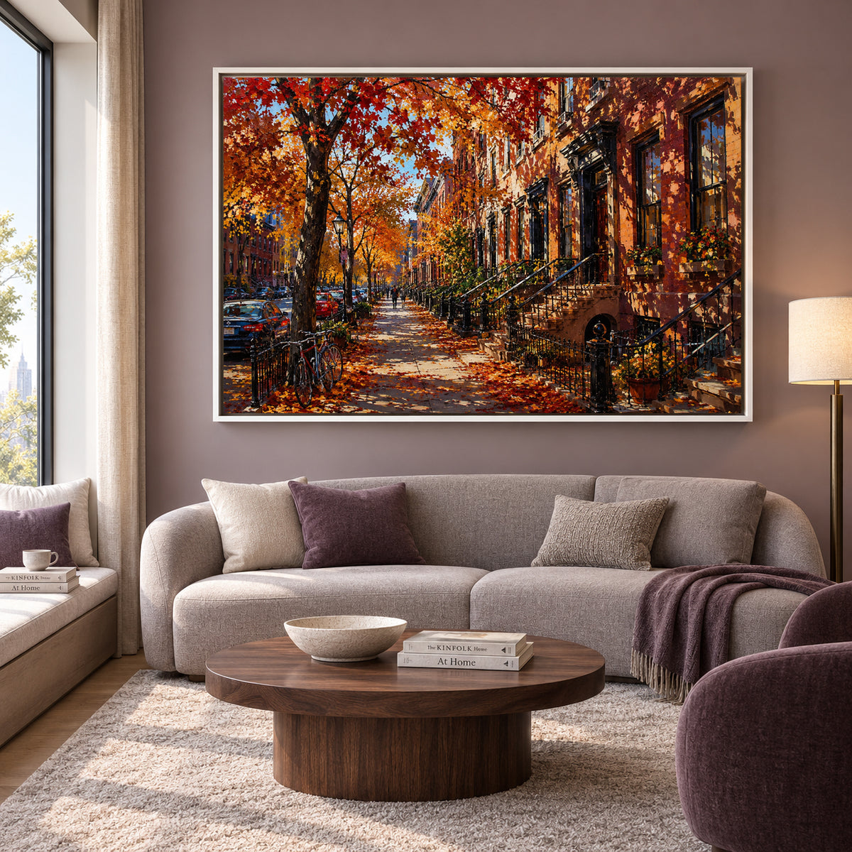 Autumn Brownstone Street Cityscape Canvas Wall Art