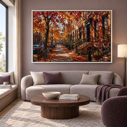 Autumn Brownstone Street Cityscape Canvas Wall Art