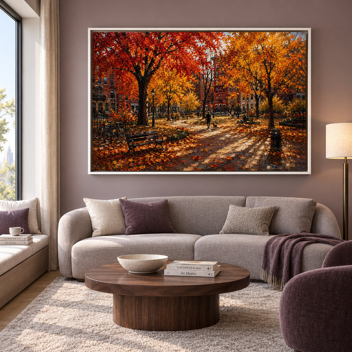 Golden Autumn City Park Landscape Canvas Wall Art