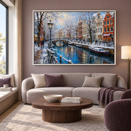 Snowy Amsterdam Canal Winter Cityscape Canvas Wall Art