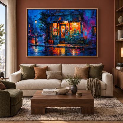 Rainy Night Corner Shop Urban Street Canvas Wall Art