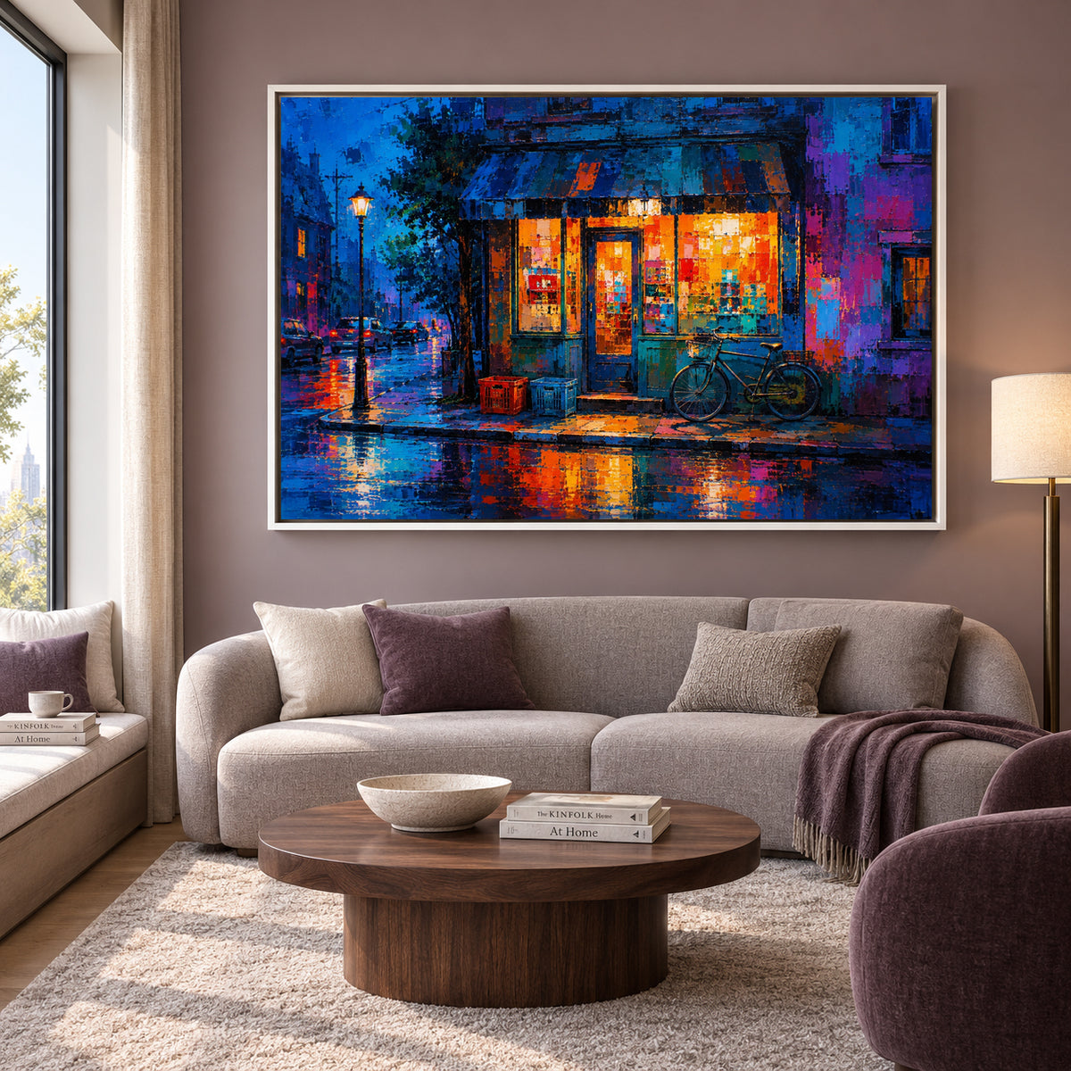Rainy Night Corner Shop Urban Street Canvas Wall Art