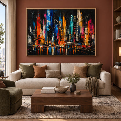 Electric Metropolis Abstract Cityscape Canvas Wall Art
