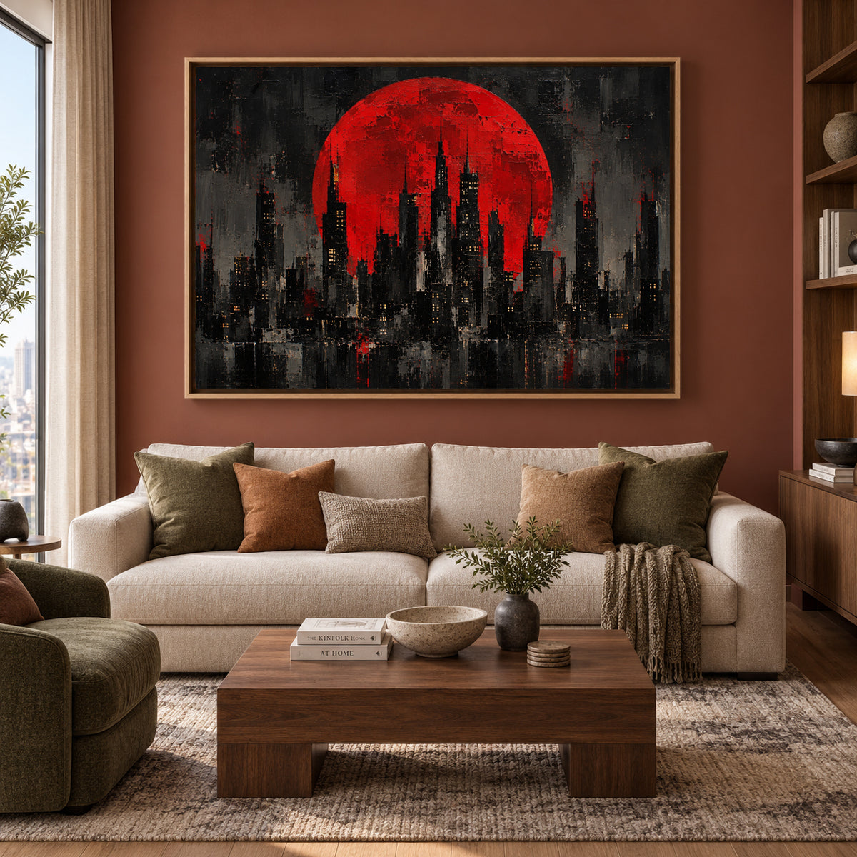 Crimson Moon Abstract City Skyline Canvas Wall Art