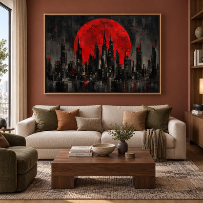 Crimson Moon Abstract City Skyline Canvas Wall Art