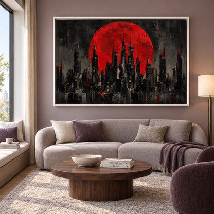 Crimson Moon Abstract City Skyline Canvas Wall Art