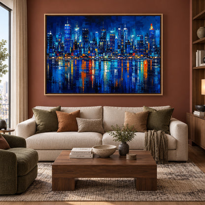 Midnight Metropolis Blue Abstract Skyline Canvas Wall Art