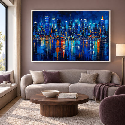 Midnight Metropolis Blue Abstract Skyline Canvas Wall Art