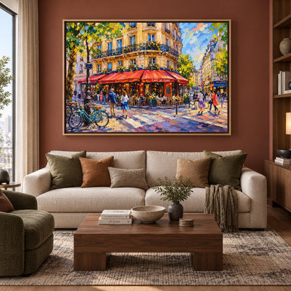 Paris Cafe Street Canvas Art with Colorful French City Scene