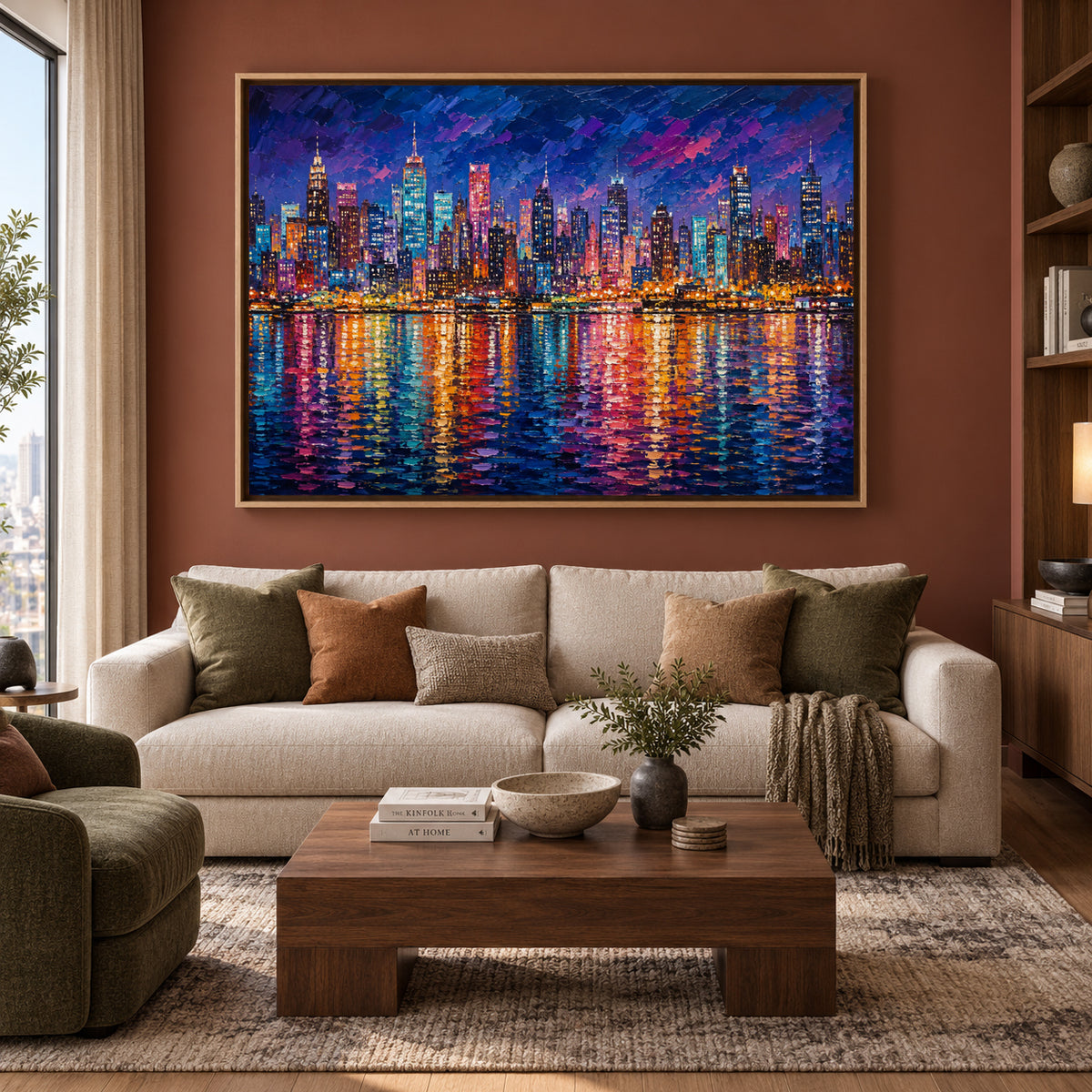 Vibrant City Skyline at Night Contemporary Cityscape Canvas Art