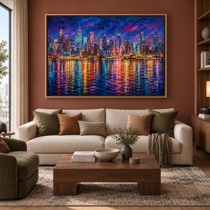 Vibrant City Skyline at Night Contemporary Cityscape Canvas Art