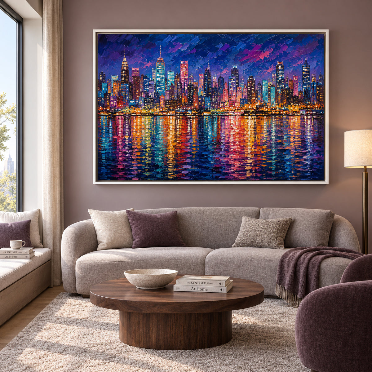 Vibrant City Skyline at Night Contemporary Cityscape Canvas Art