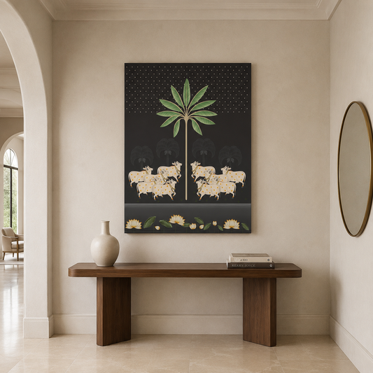 Pichwai Wall Art Painting – Sacred Cow Moonlight Tropical Canvas Wall Art