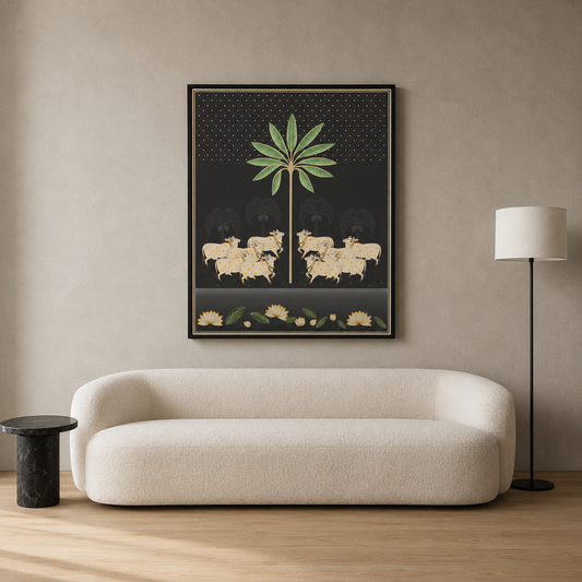 Pichwai Wall Art Painting – Sacred Cow Moonlight Tropical Canvas Wall Art