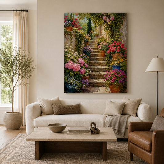 Flower Garden Stairway Canvas Wall Art Blooming Pathway Painting
