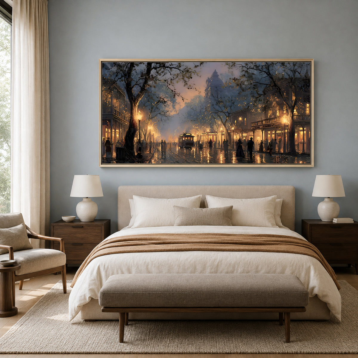 Vintage Rainy City Street Canvas Wall Art for Living Room Decor