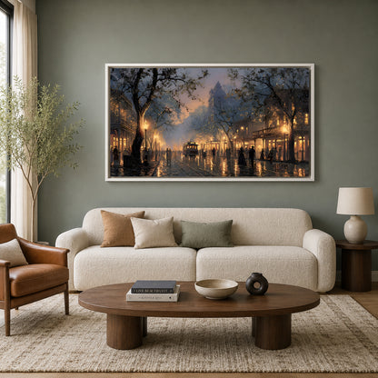 Vintage Rainy City Street Canvas Wall Art for Living Room Decor