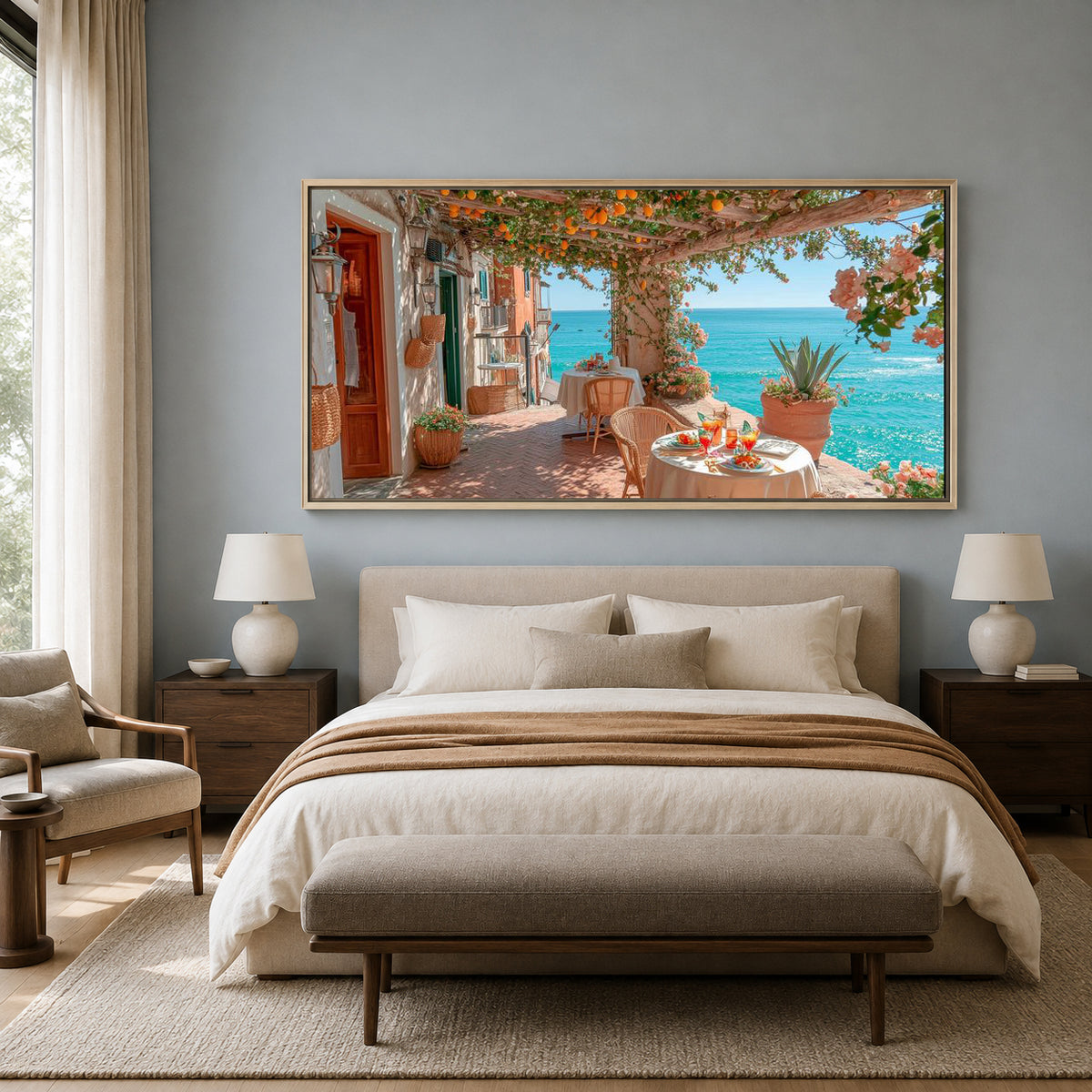 Mediterranean Seaside Cafe Canvas Wall Art for Living Room Decor