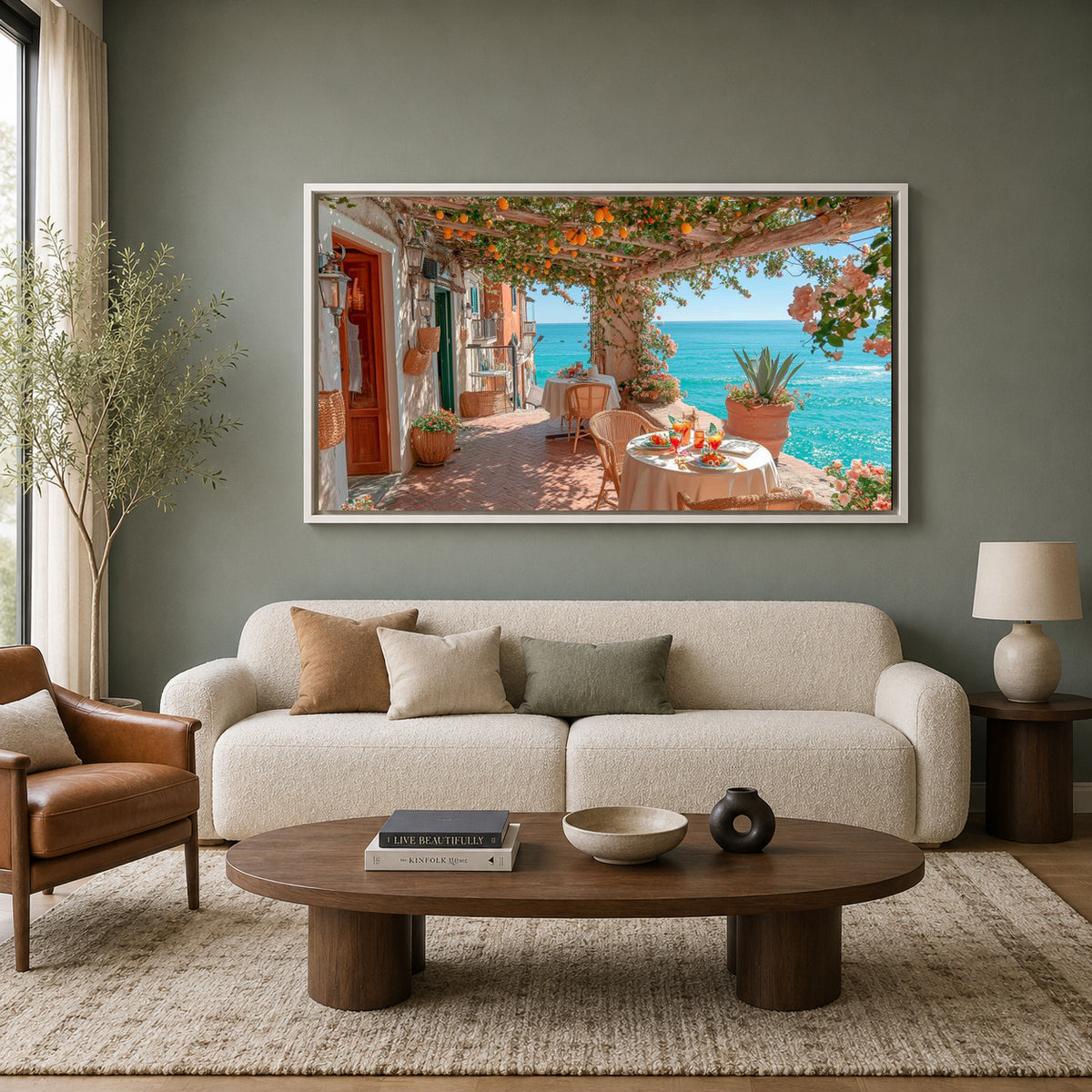 Mediterranean Seaside Cafe Canvas Wall Art for Living Room Decor