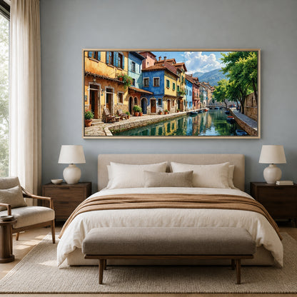 European Canal Town Canvas Wall Art for Living Room Decor