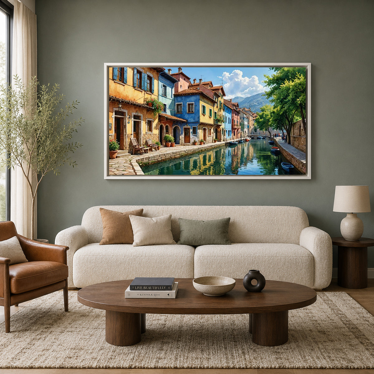 European Canal Town Canvas Wall Art for Living Room Decor