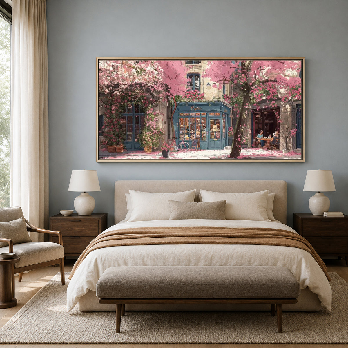 Pink Cherry Blossom Street Cafe Canvas Wall Art for Living Room Decor