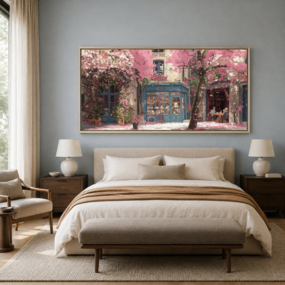 Pink Cherry Blossom Street Cafe Canvas Wall Art for Living Room Decor