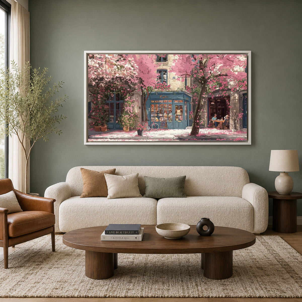 Pink Cherry Blossom Street Cafe Canvas Wall Art for Living Room Decor