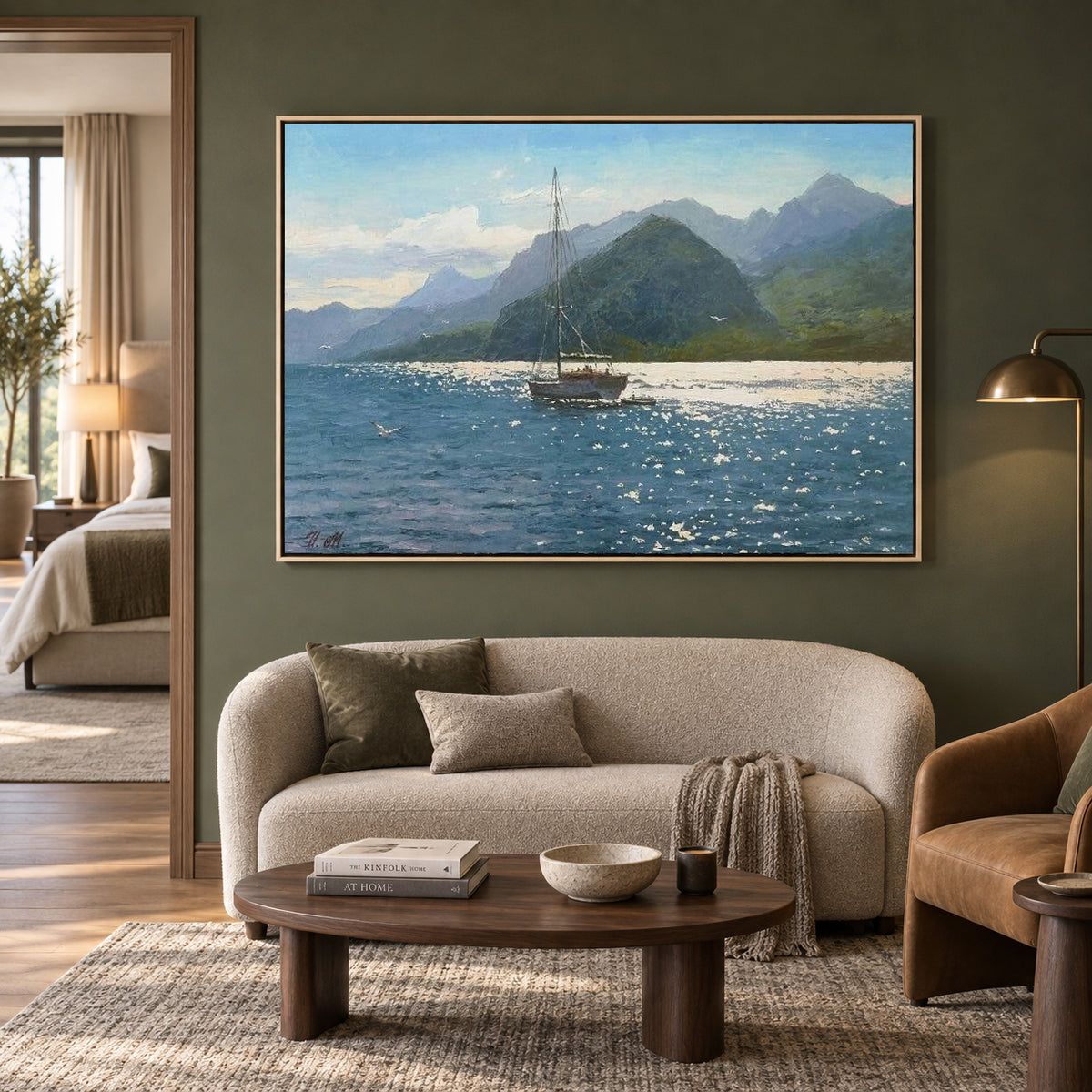 Mountain Lake Sailboat Canvas Wall Art for Living Room Home Decor