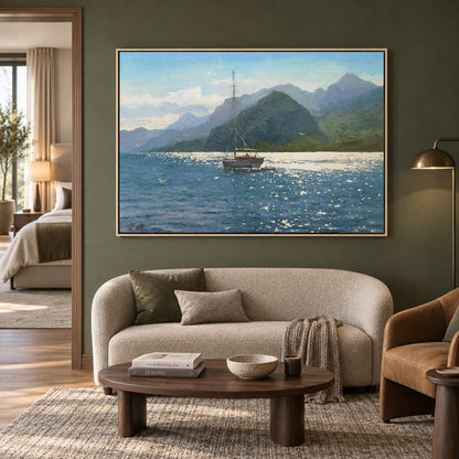 Mountain Lake Sailboat Canvas Wall Art for Living Room Home Decor